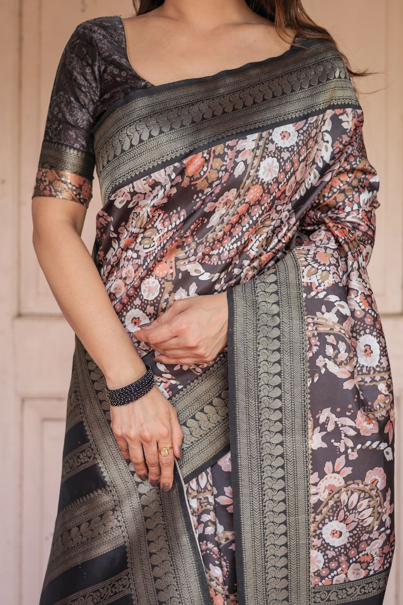 Saree made of Banarasi silk with a digital geometric print