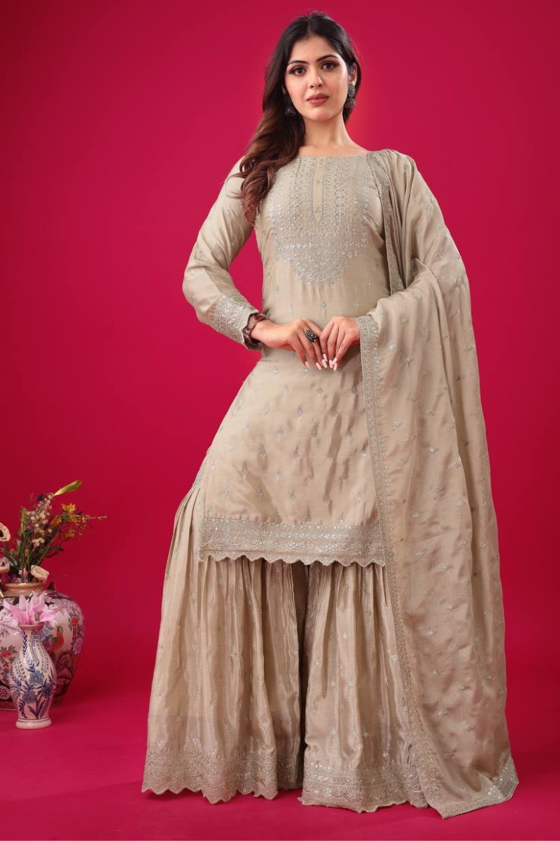 Three-piece Kurti Dupatta Sharara Suit Set in Heavy Chinon Silk by Rani