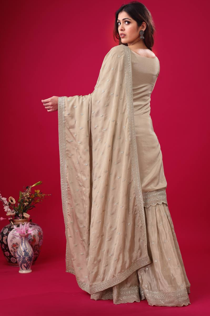 Three-piece Kurti Dupatta Sharara Suit Set in Heavy Chinon Silk by Rani