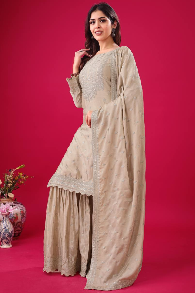 Three-piece Kurti Dupatta Sharara Suit Set in Heavy Chinon Silk by Rani