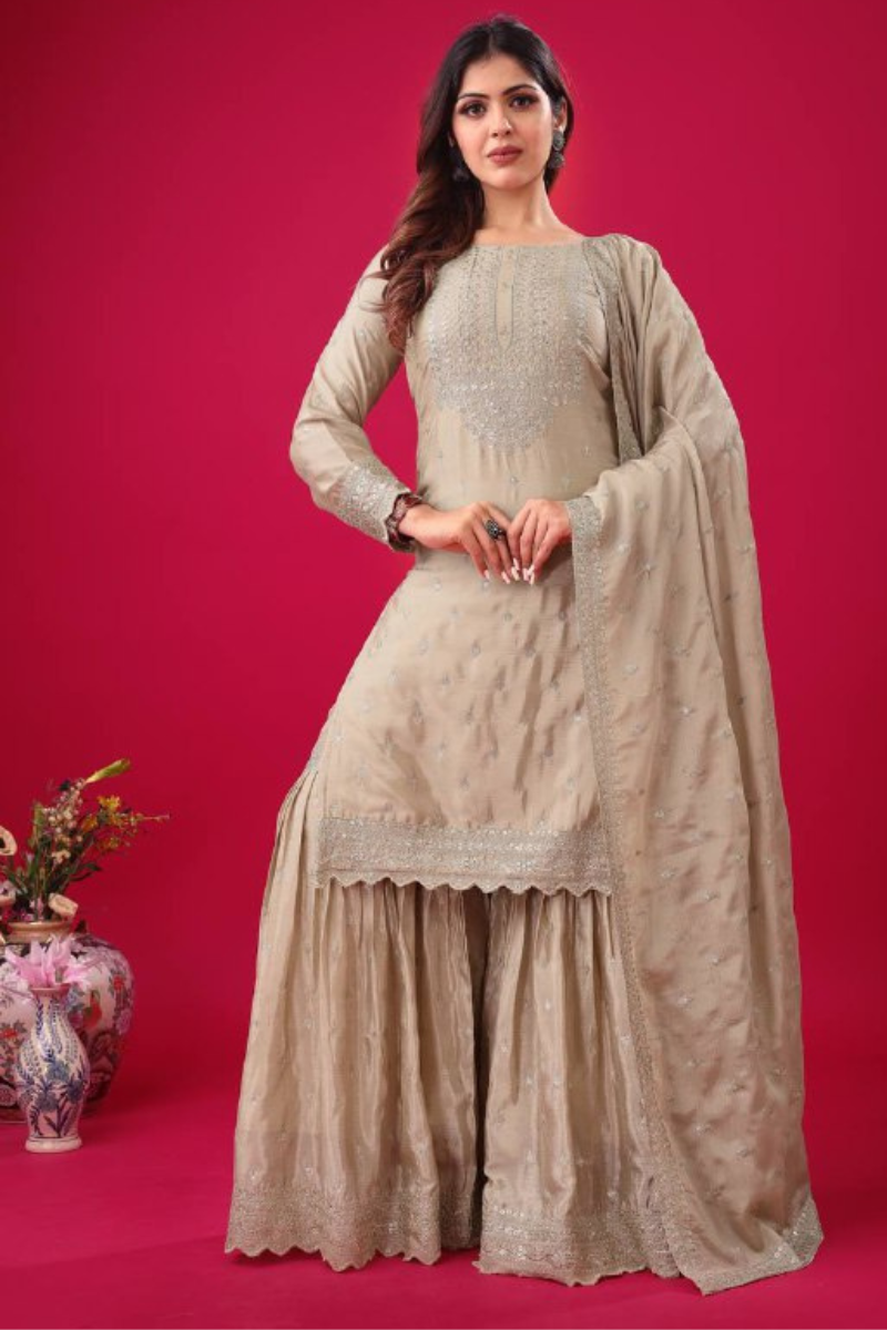 Embroidered Beige Heavy Chinon Silk Sharara Dupatta Set