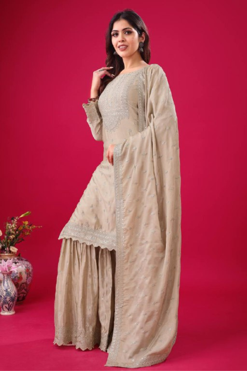 Embroidered Beige Heavy Chinon Silk Sharara Dupatta Set