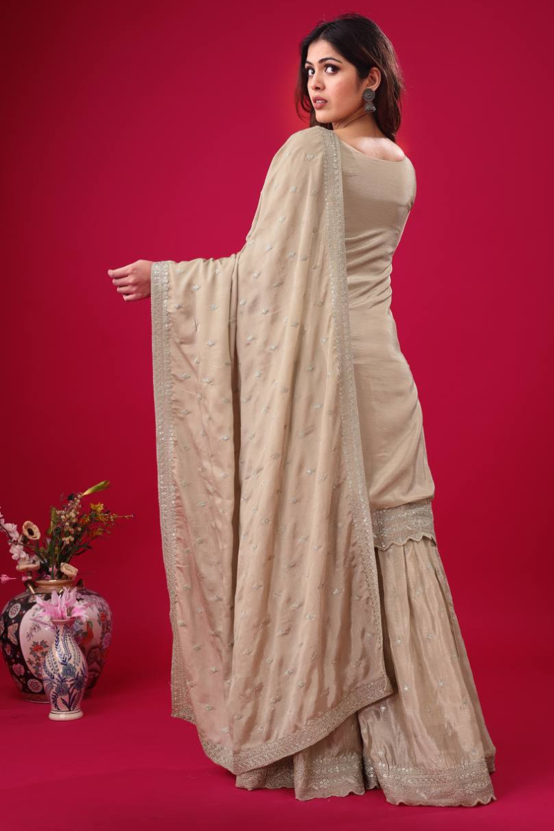 Embroidered Beige Heavy Chinon Silk Sharara Dupatta Set