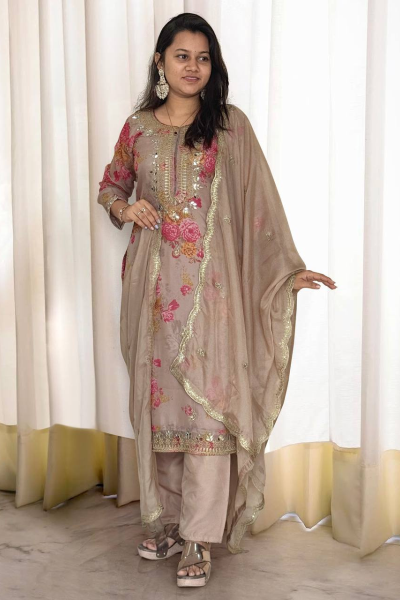Three Piece Kurta Dupatta Pant Suit Set in Beige Pure Kundan Organza.