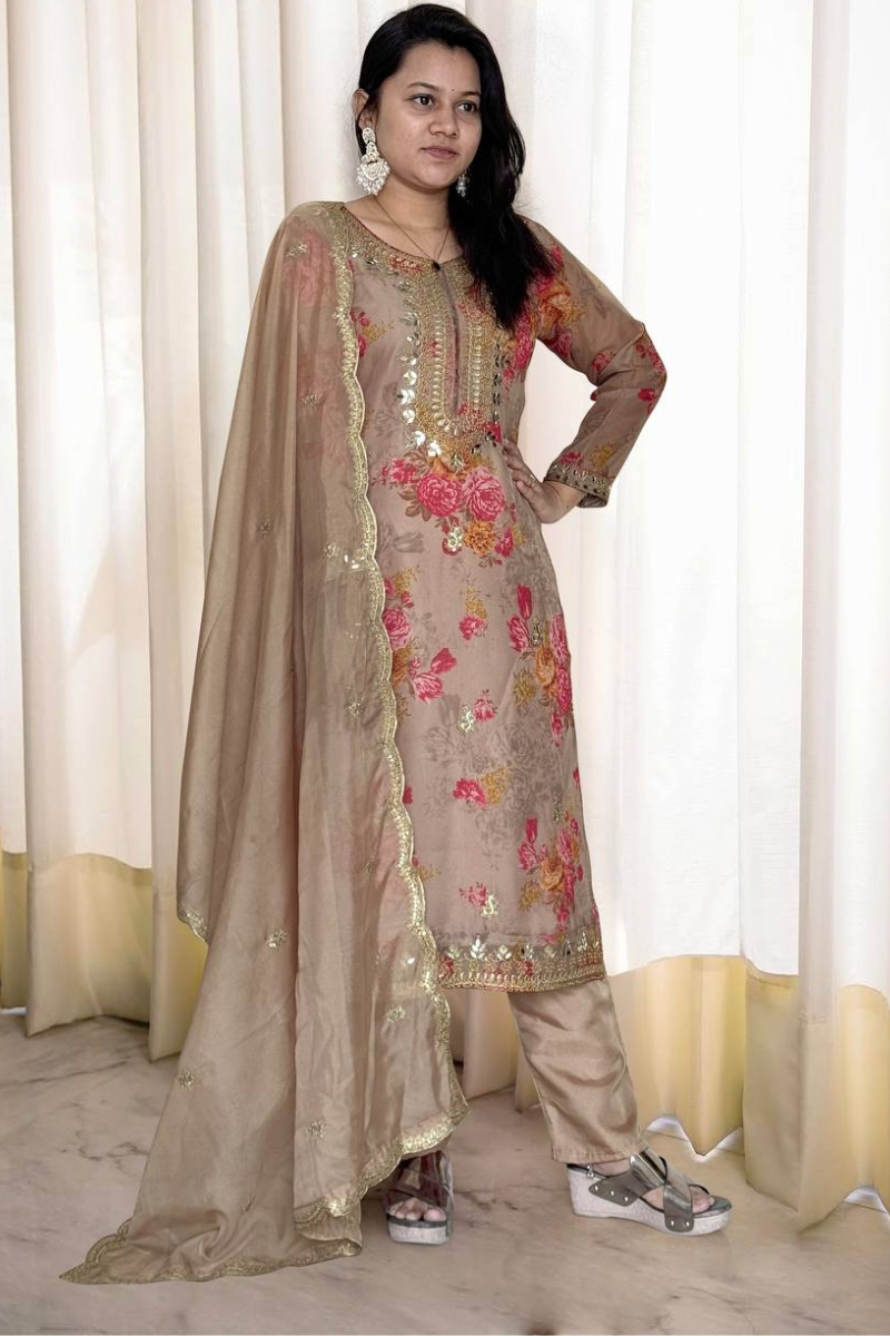 Three Piece Kurta Dupatta Pant Suit Set in Beige Pure Kundan Organza.