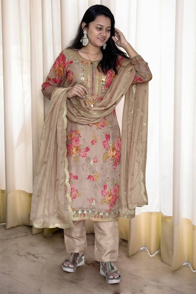 Three Piece Kurta Dupatta Pant Suit Set in Beige Pure Kundan Organza.