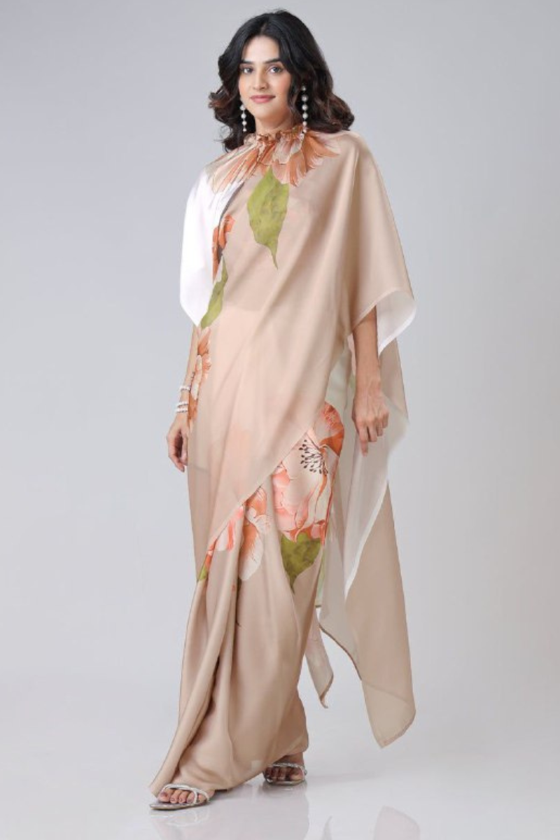 Digital Printing of a Beige Satin Creap Silk Saree