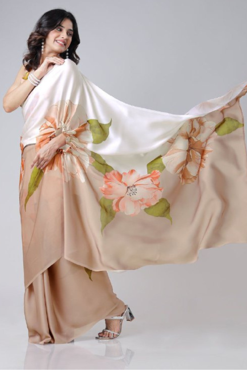 Digital Printing of a Beige Satin Creap Silk Saree