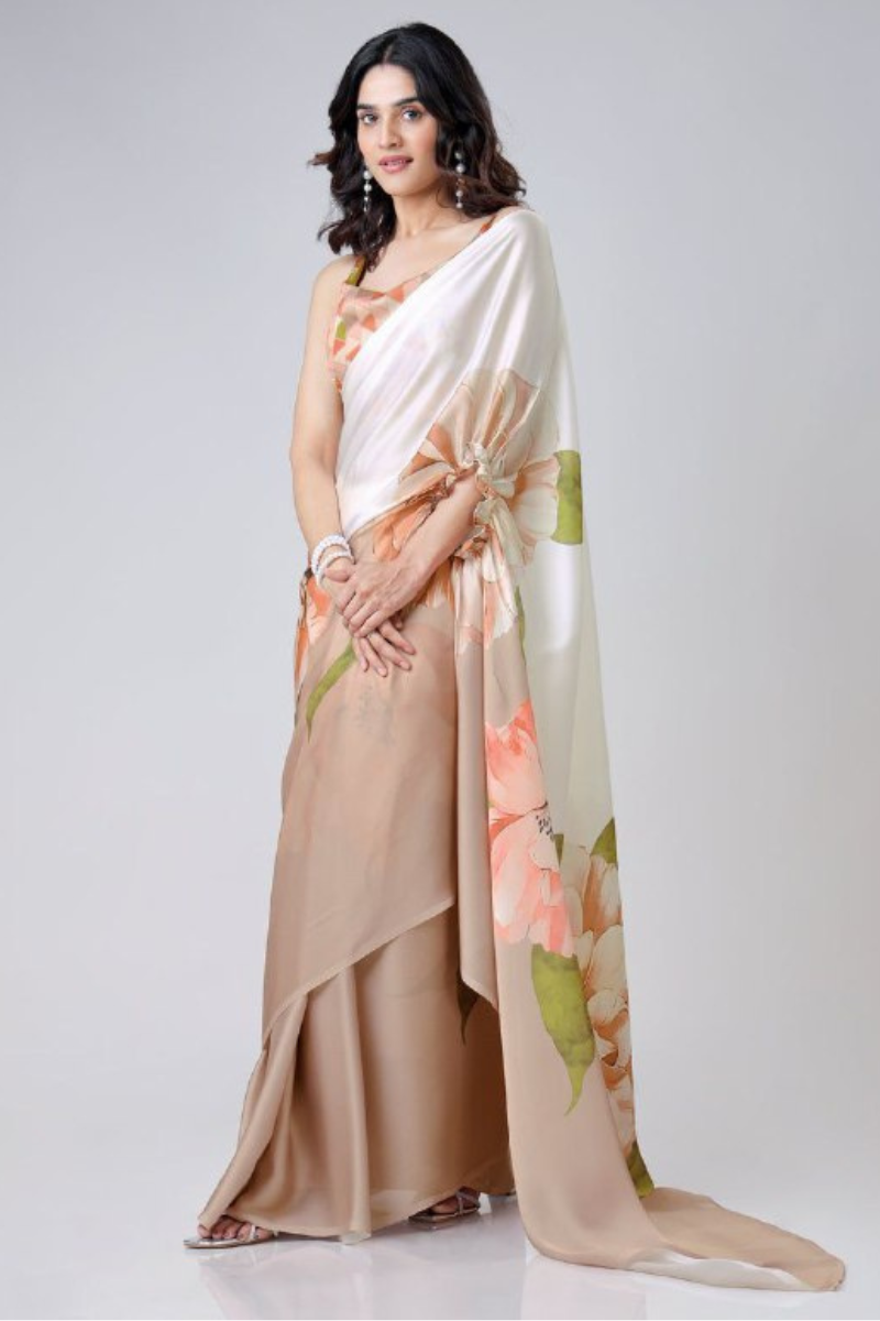 Digital Printing of a Beige Satin Creap Silk Saree