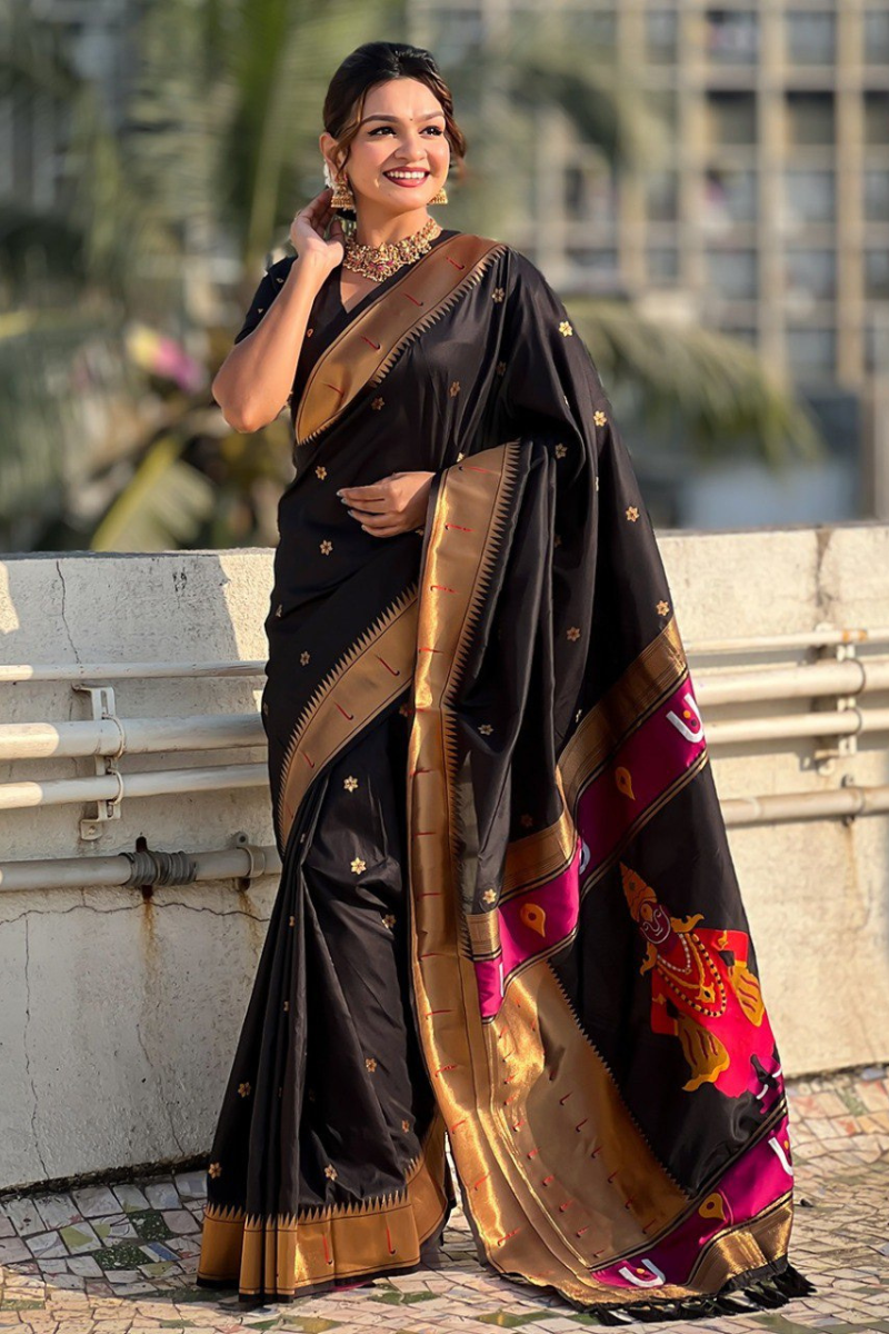 Floral designs woven into black soft silk sarees