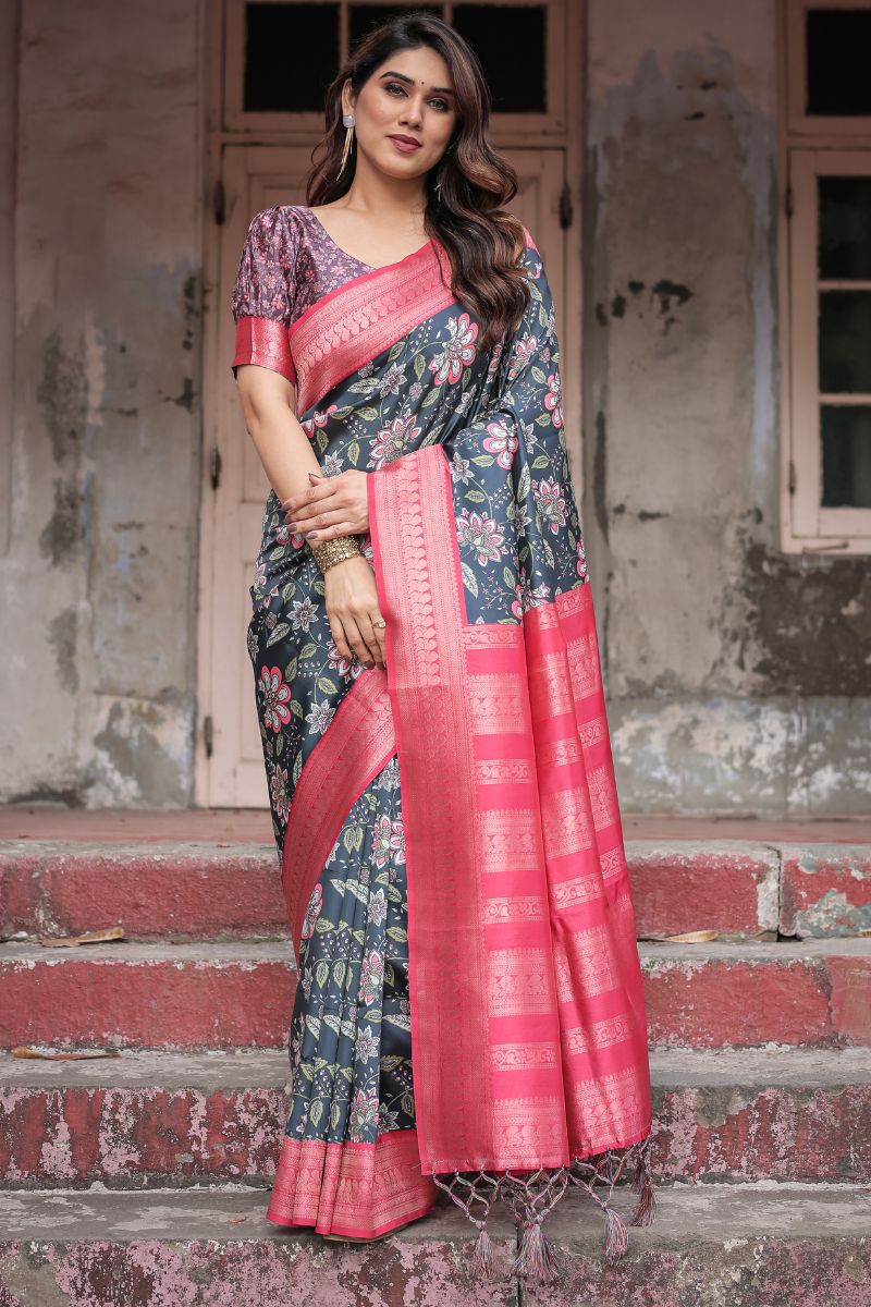 Pink and Black Tones Saree in Banarasi Silk with Digital Print