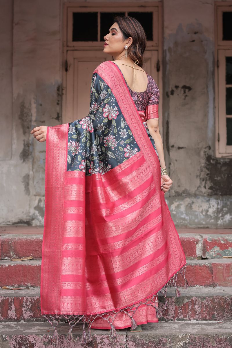 Pink and Black Tones Saree in Banarasi Silk with Digital Print