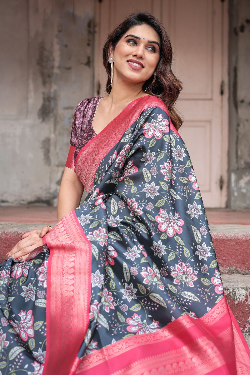 Pink and Black Tones Saree in Banarasi Silk with Digital Print