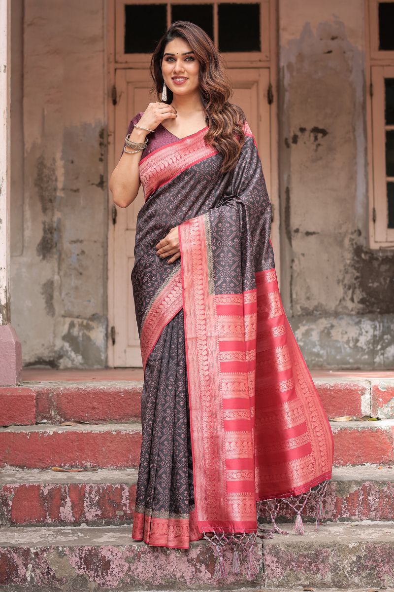 Banarasi Silk Saree in Black and Rose Pink with Digital Print