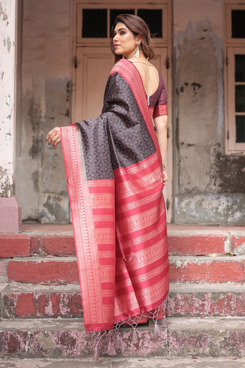 Banarasi Silk Saree in Black and Rose Pink with Digital Print