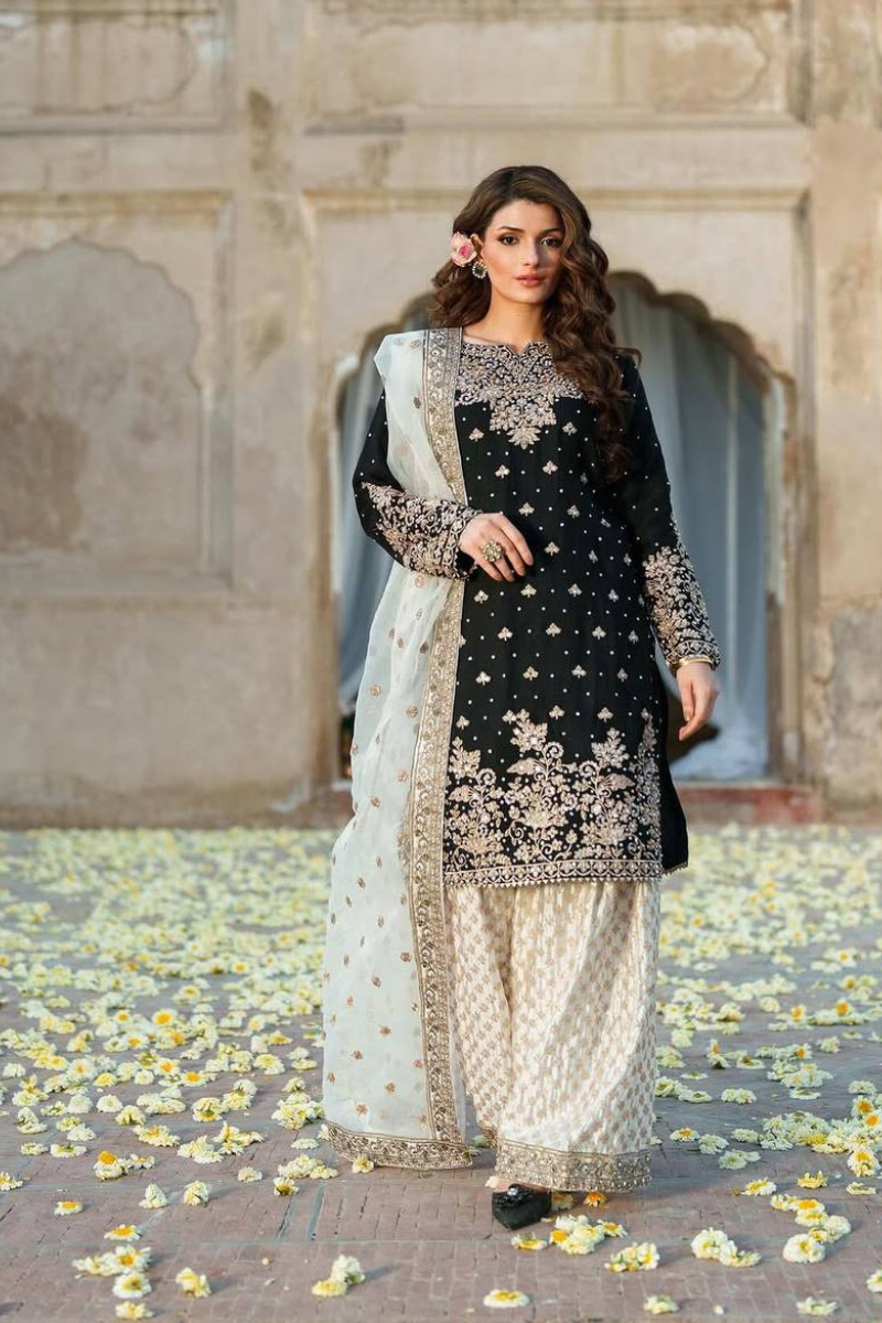 Black And White Pure Chinon Silk Sharara Kurta Dupatta Suit Set