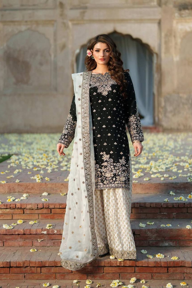Black And White Pure Chinon Silk Sharara Kurta Dupatta Suit Set