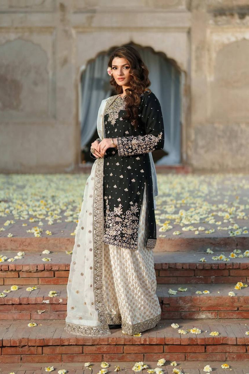 Black And White Pure Chinon Silk Sharara Kurta Dupatta Suit Set