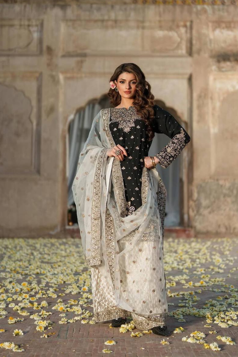 Black And White Pure Chinon Silk Sharara Kurta Dupatta Suit Set