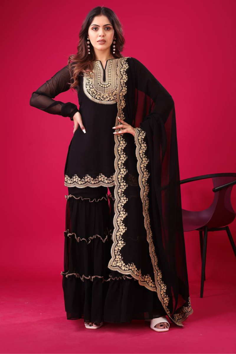 Faux Black Blooming Three-piece Georgette Sharara Suit Set with Kurta Dupatta
