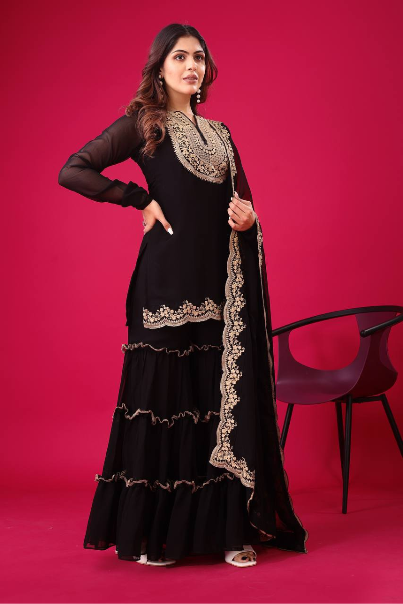 Faux Black Blooming Three-piece Georgette Sharara Suit Set with Kurta Dupatta