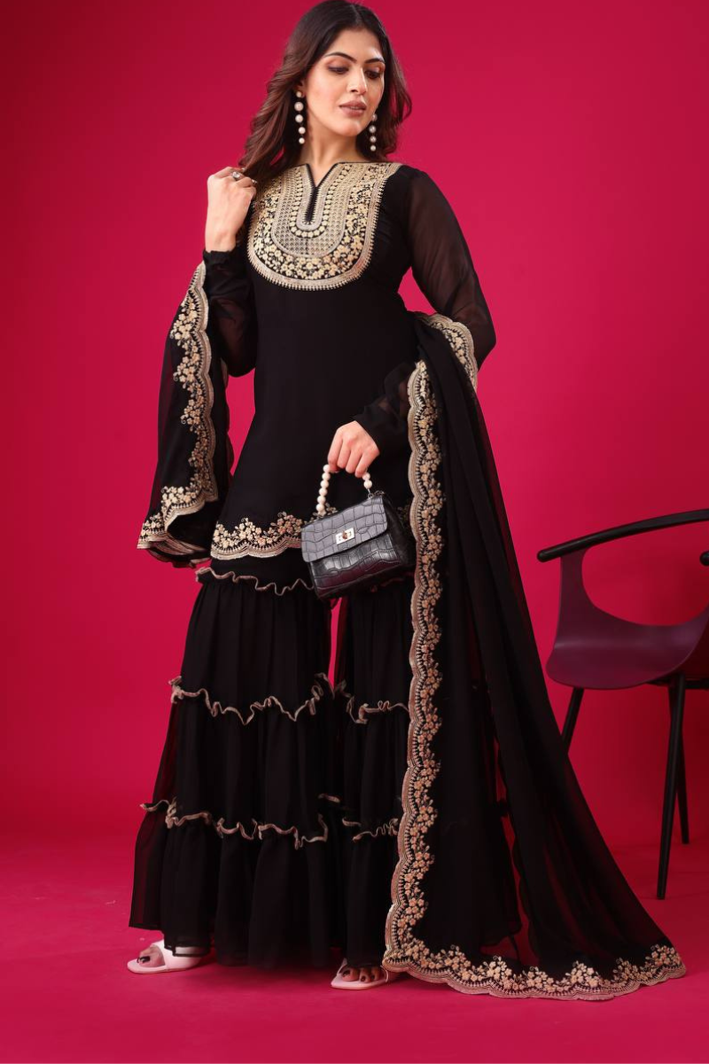 Faux Black Blooming Three-piece Georgette Sharara Suit Set with Kurta Dupatta