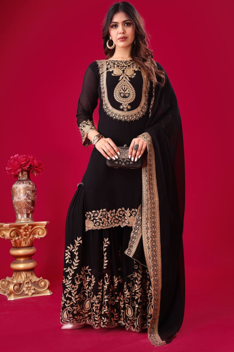Faux Black Blooming Three-piece Georgette Kurta Dupatta Sharara Suit Set.