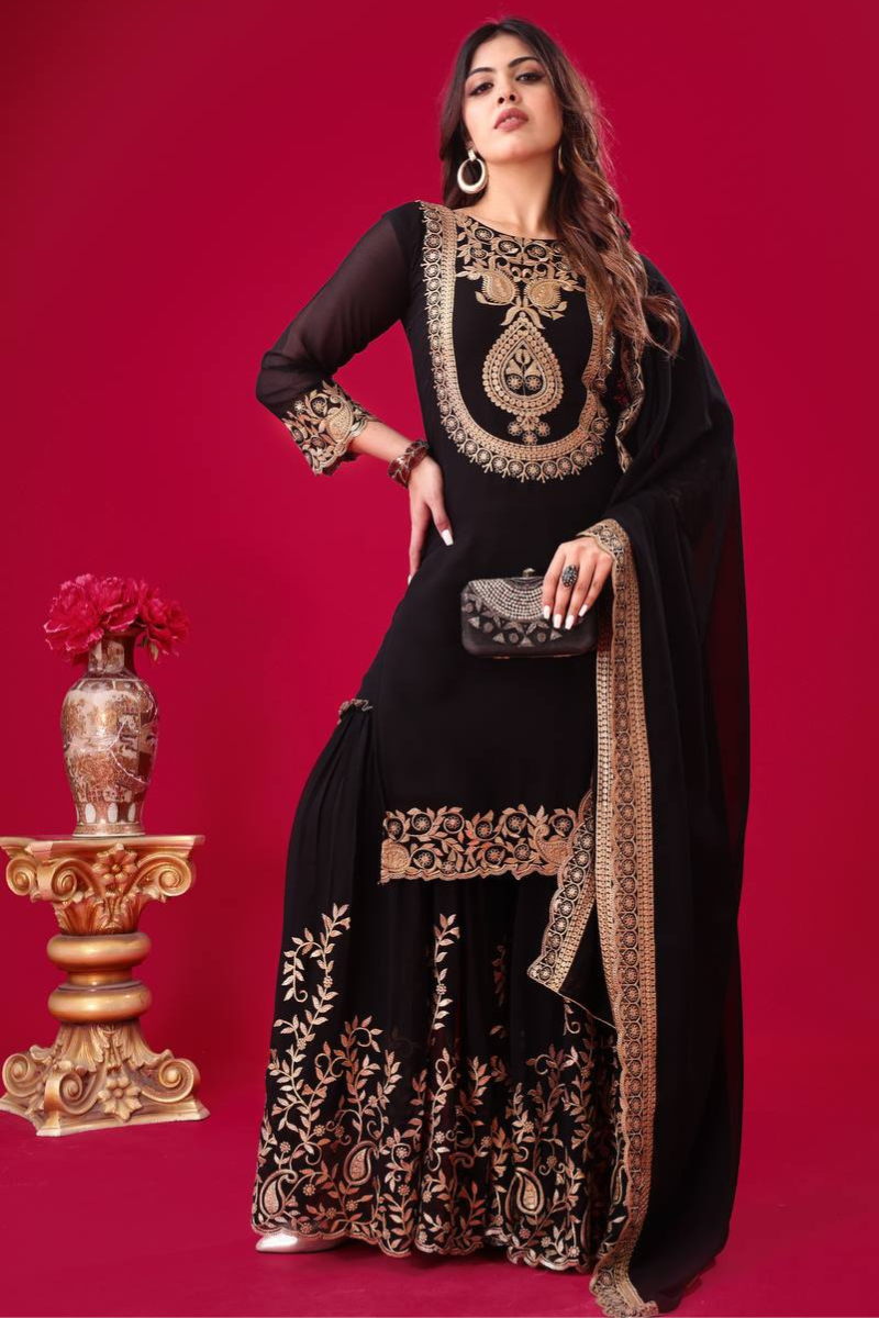 Faux Black Blooming Three-piece Georgette Kurta Dupatta Sharara Suit Set.