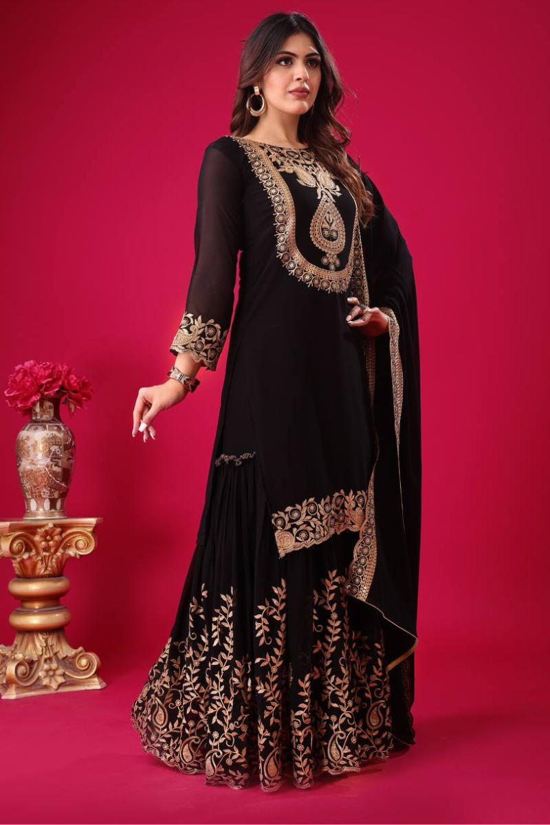 Faux Black Blooming Three-piece Georgette Kurta Dupatta Sharara Suit Set.