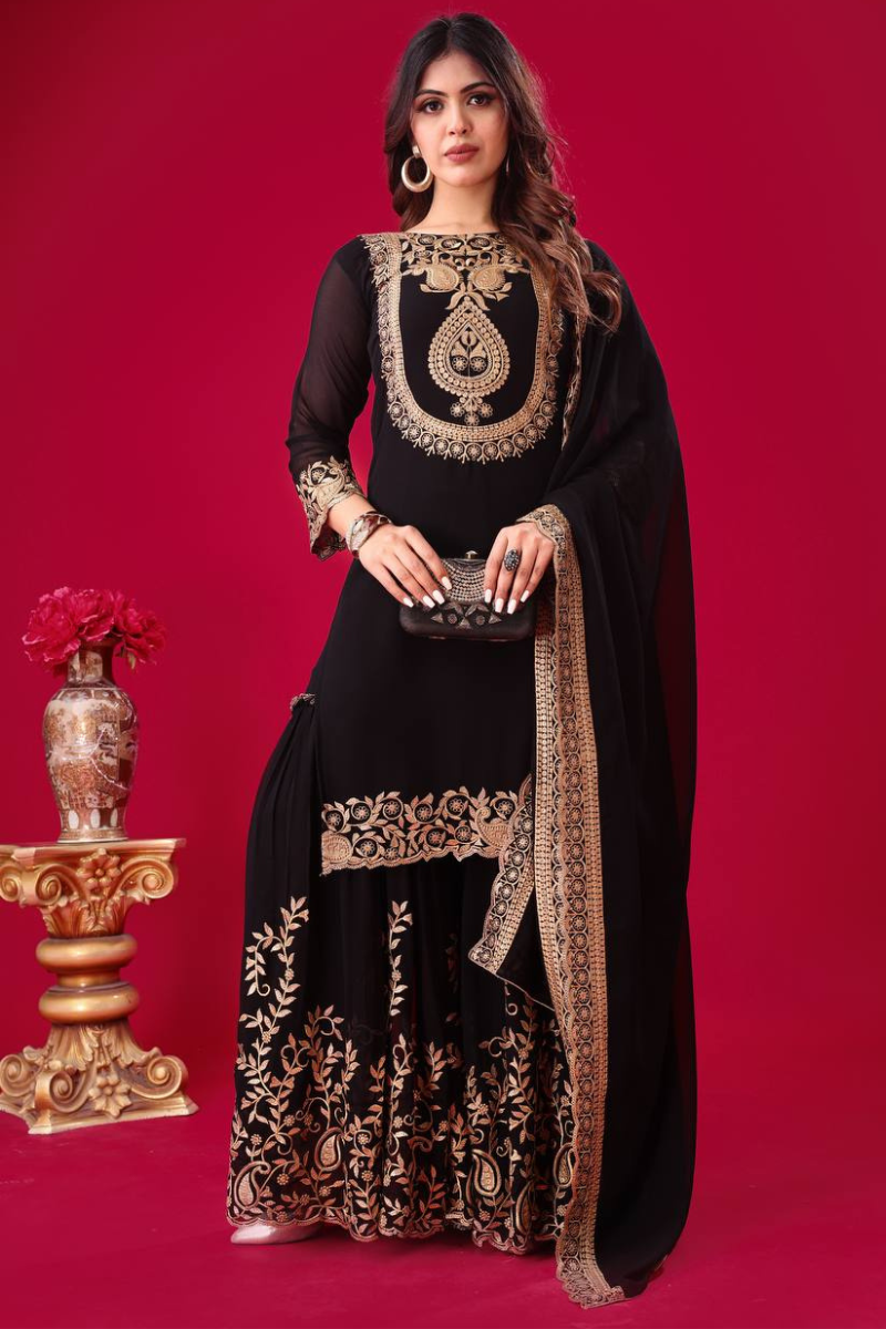 Faux Black Blooming Sharara Dupatta Set in Georgette