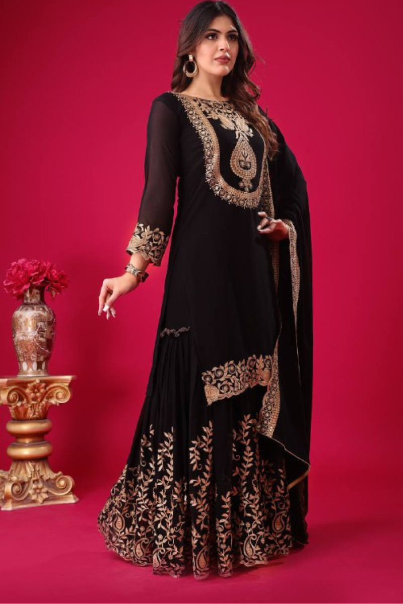 Faux Black Blooming Sharara Dupatta Set in Georgette