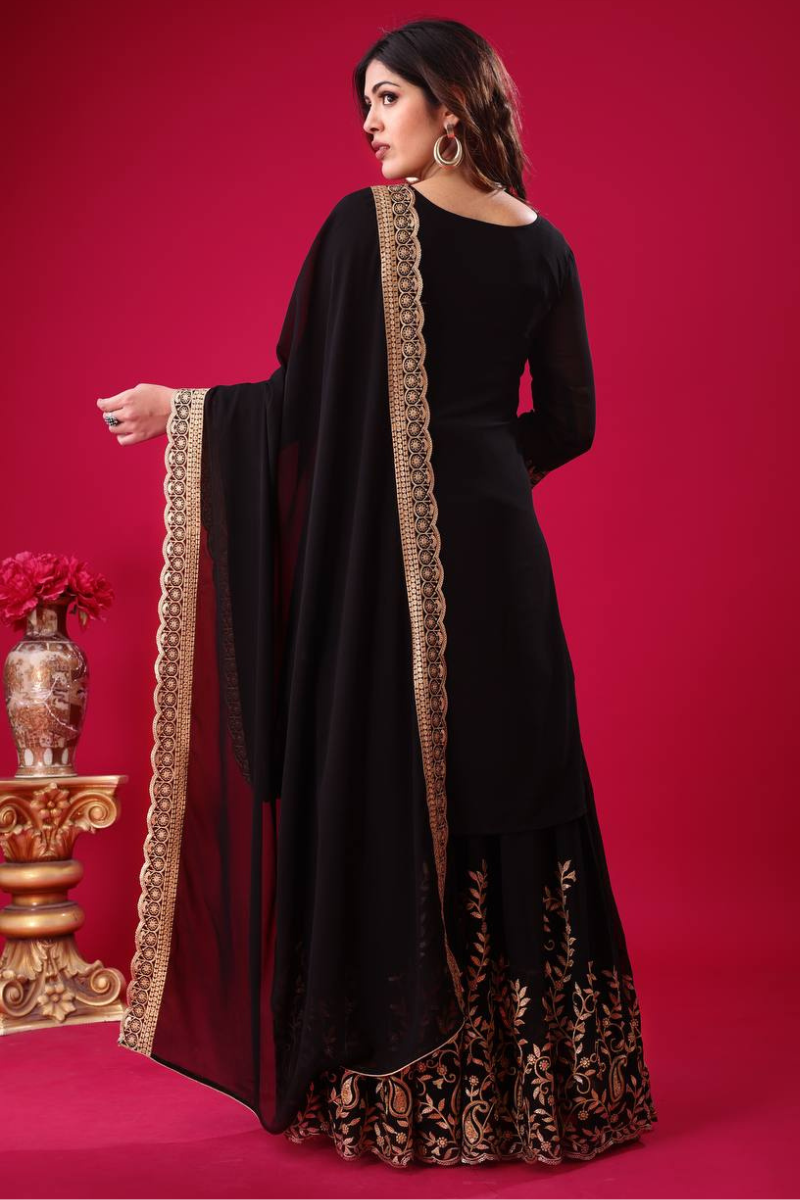 Faux Black Blooming Sharara Dupatta Set in Georgette