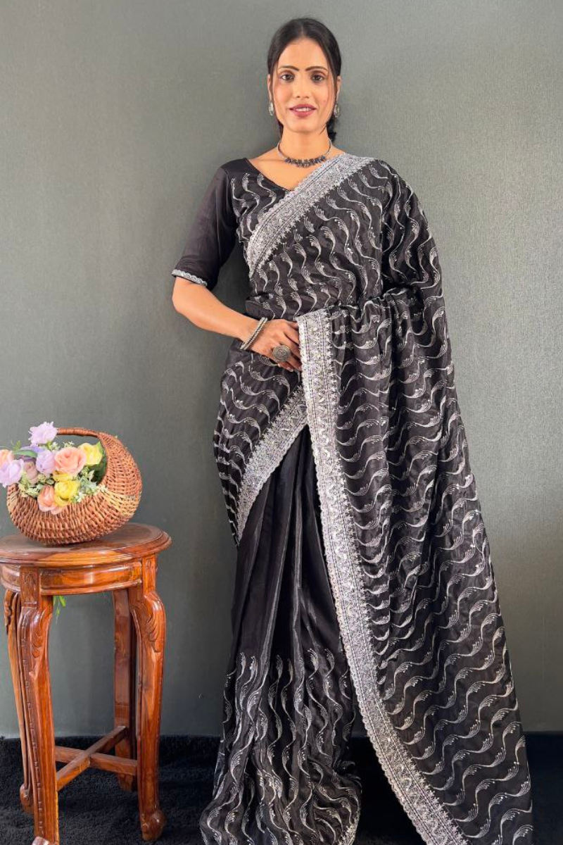 Zari Sequence Work Embroidered Black Chinnon Silk Saree