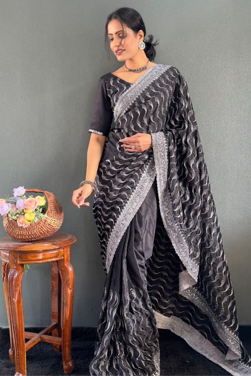 Zari Sequence Work Embroidered Black Chinnon Silk Saree