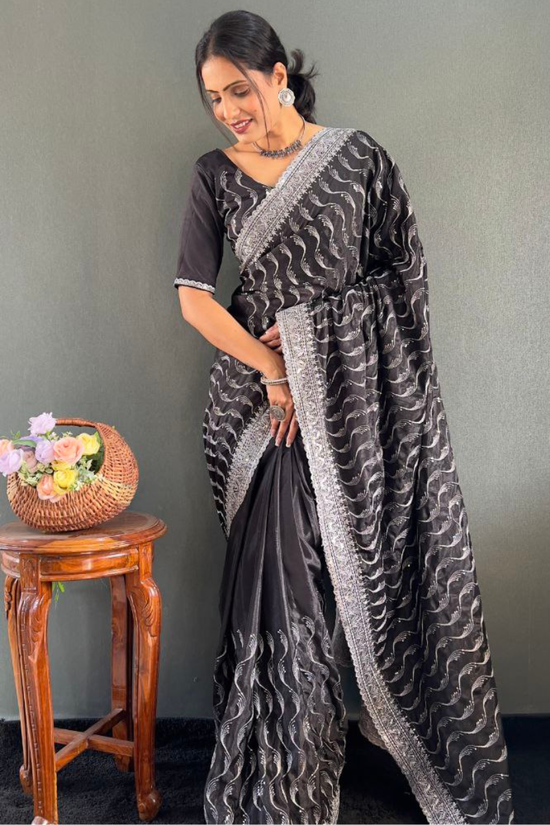 Zari Sequence Work Embroidered Black Chinnon Silk Saree