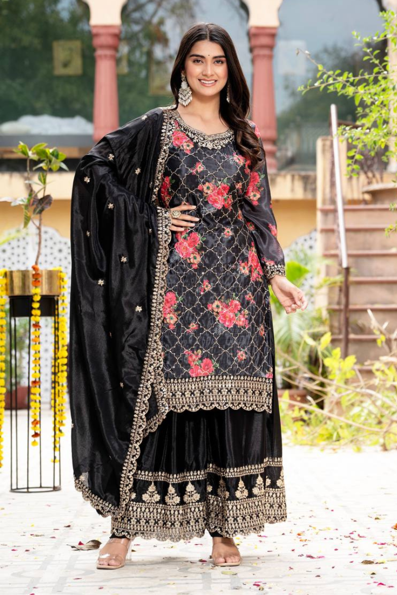 Embroidered Black Chinon Kurta Dupatta Pant Sharara Suit Set