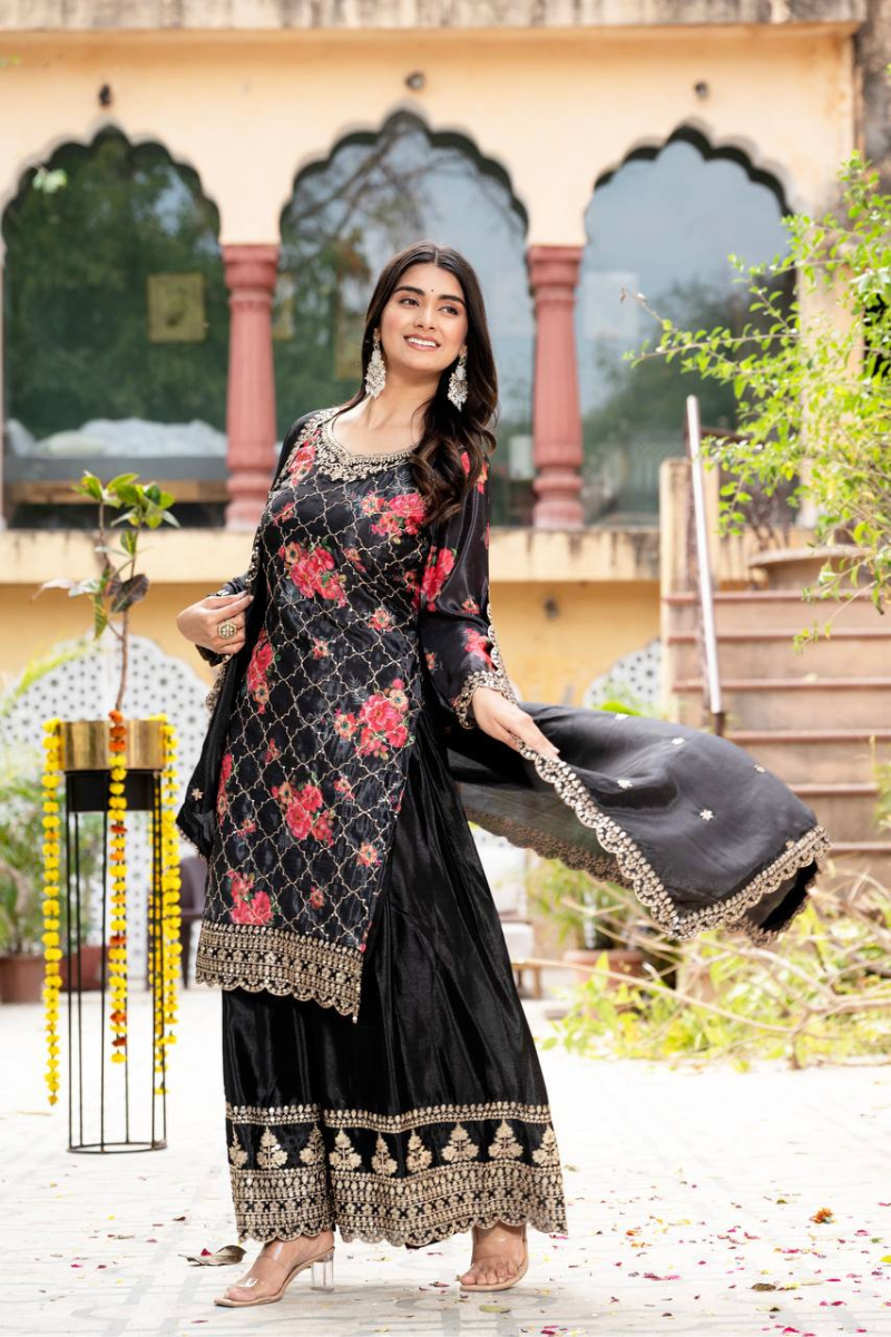 Embroidered Black Chinon Kurta Dupatta Pant Sharara Suit Set