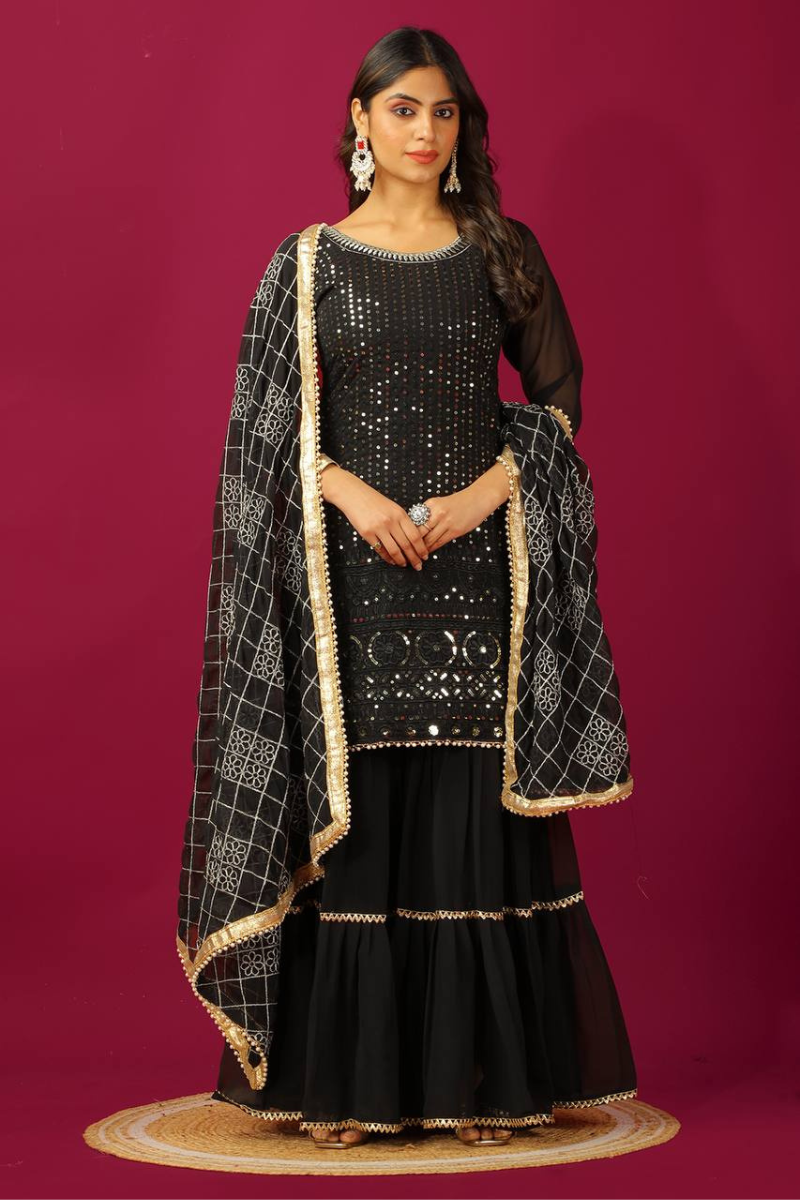Three Pieces of Yellow Chinnon Silk Sharara Suit Set with Kurta Dupatta