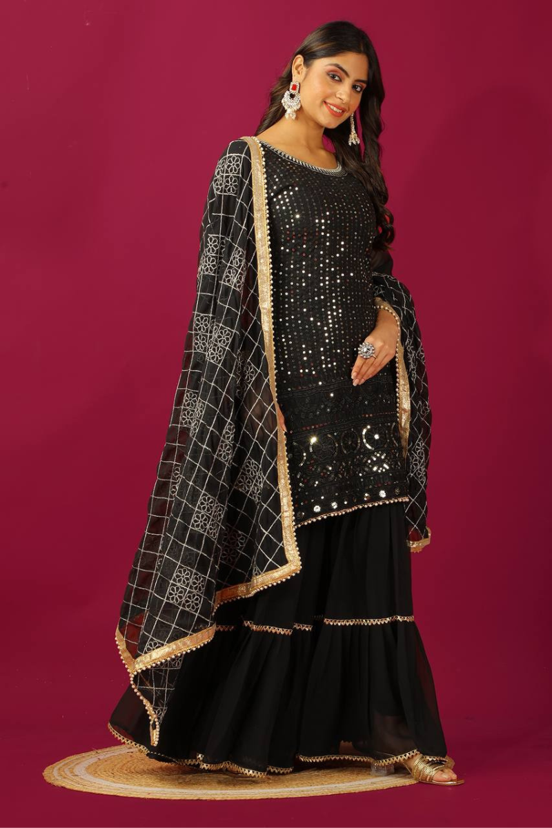 Three Pieces of Yellow Chinnon Silk Sharara Suit Set with Kurta Dupatta