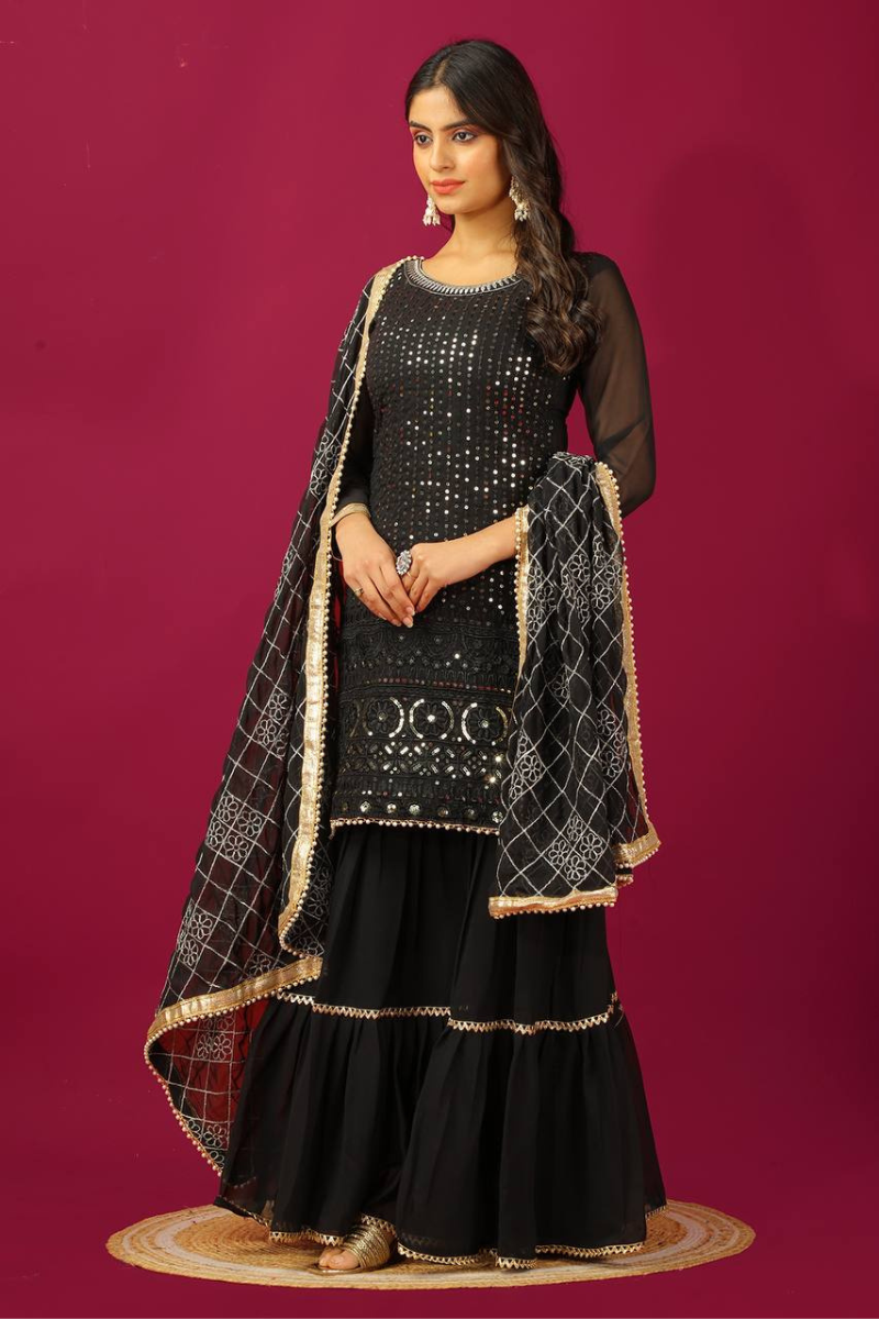 Three Pieces of Yellow Chinnon Silk Sharara Suit Set with Kurta Dupatta