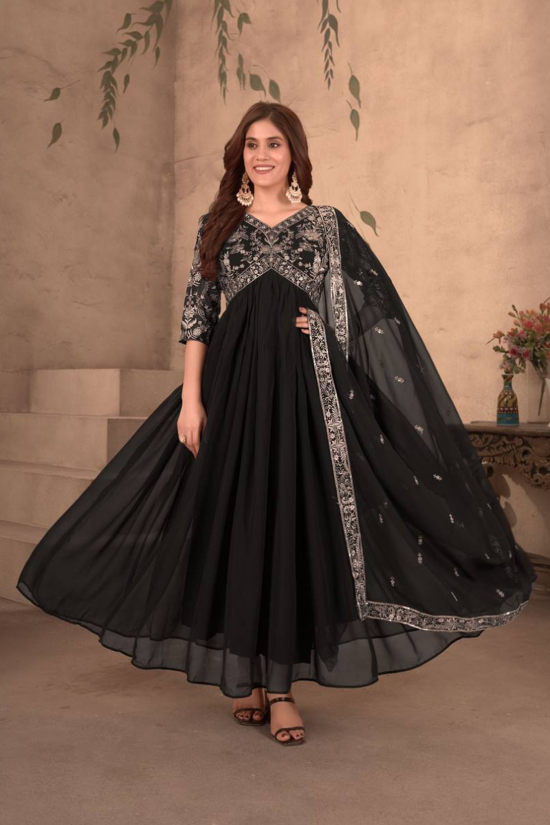 Black Faux Georgette Dress with Embroidered Dupatta