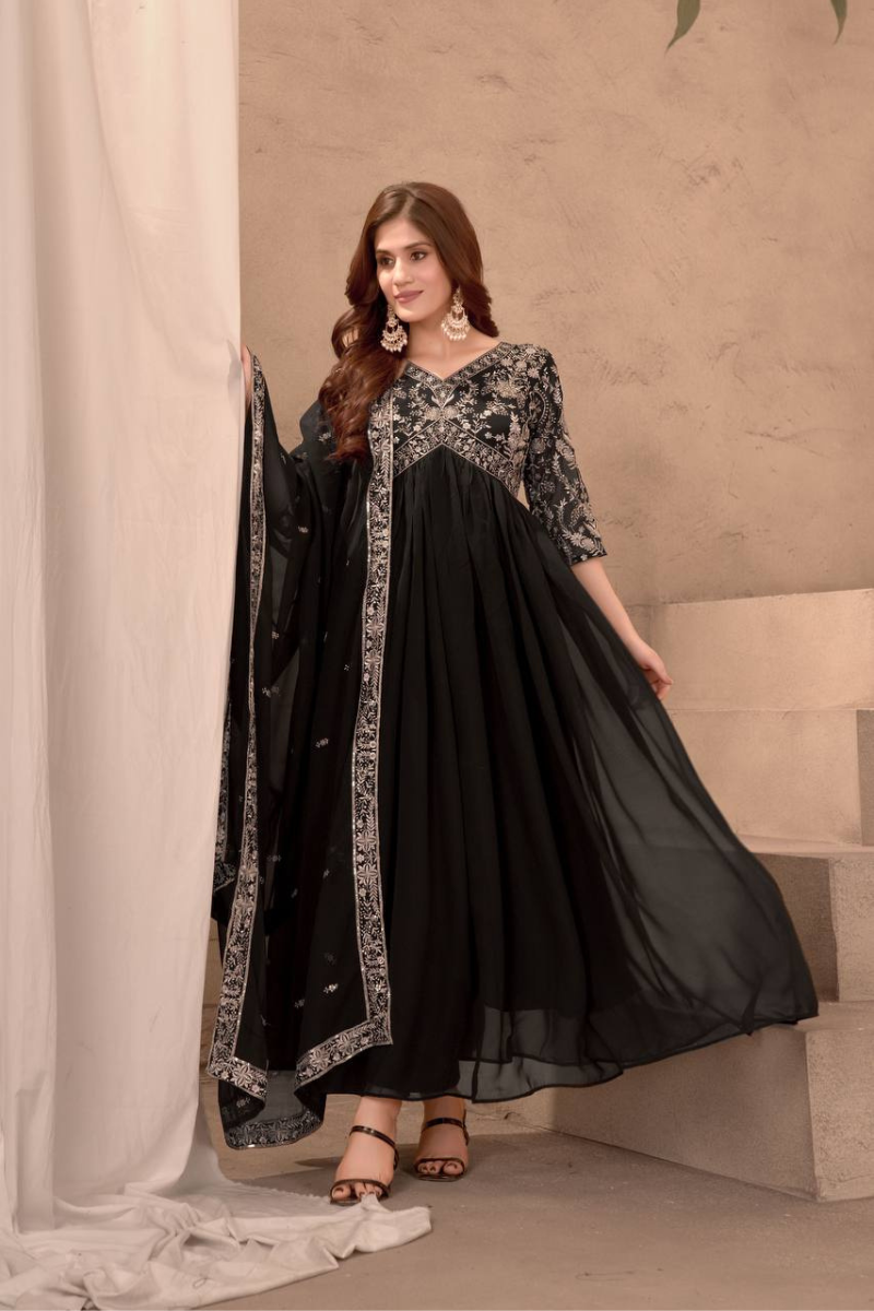 Black Faux Georgette Dress with Embroidered Dupatta