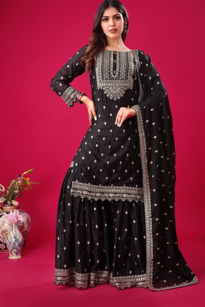 Three-piece Kurta Dupatta Sharara Suit Set in Teal Heavy Chinon Silk