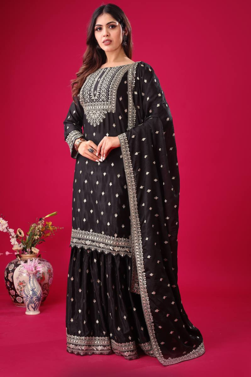 Three-piece Kurta Dupatta Sharara Suit Set in Teal Heavy Chinon Silk