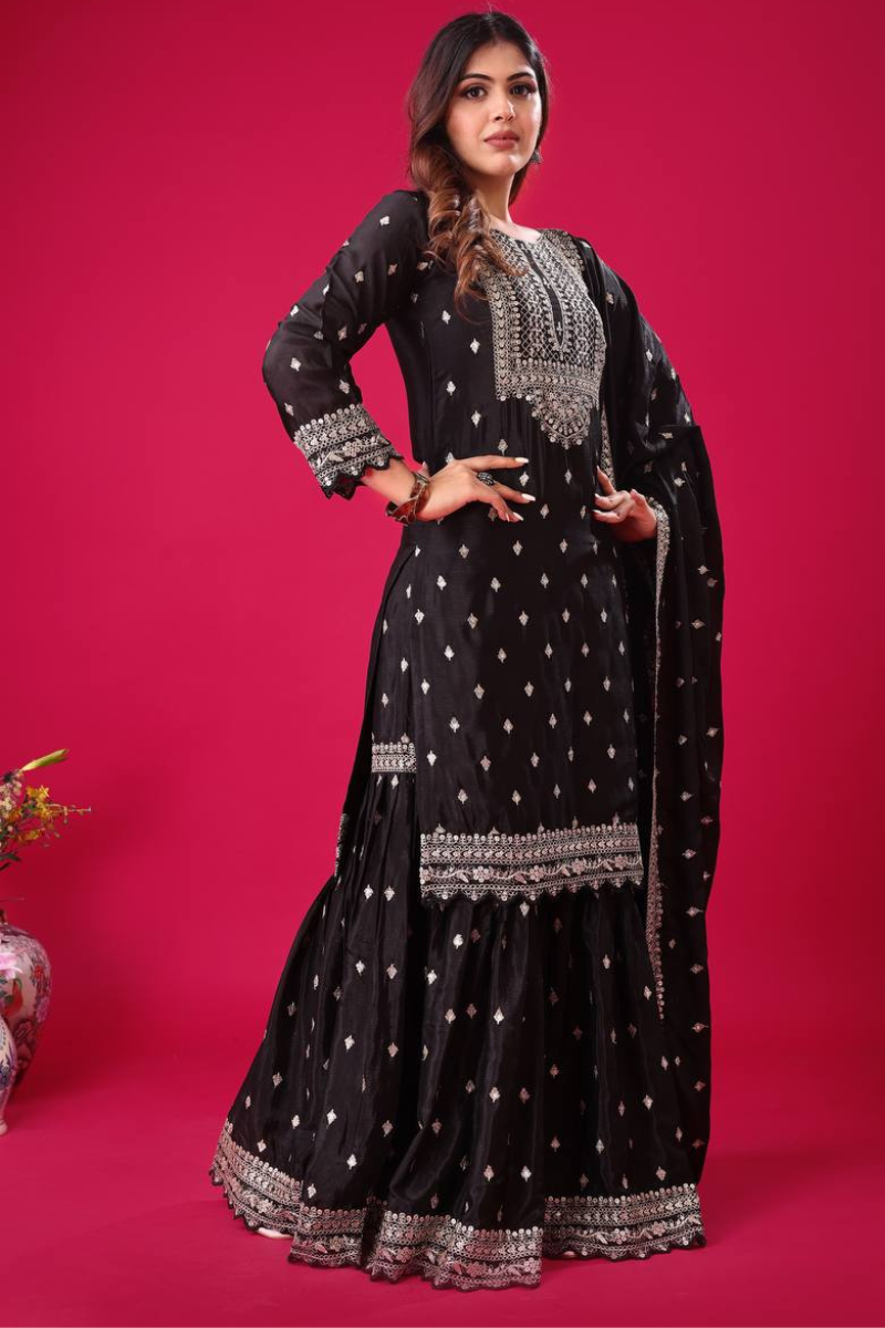 Three-piece Kurta Dupatta Sharara Suit Set in Teal Heavy Chinon Silk