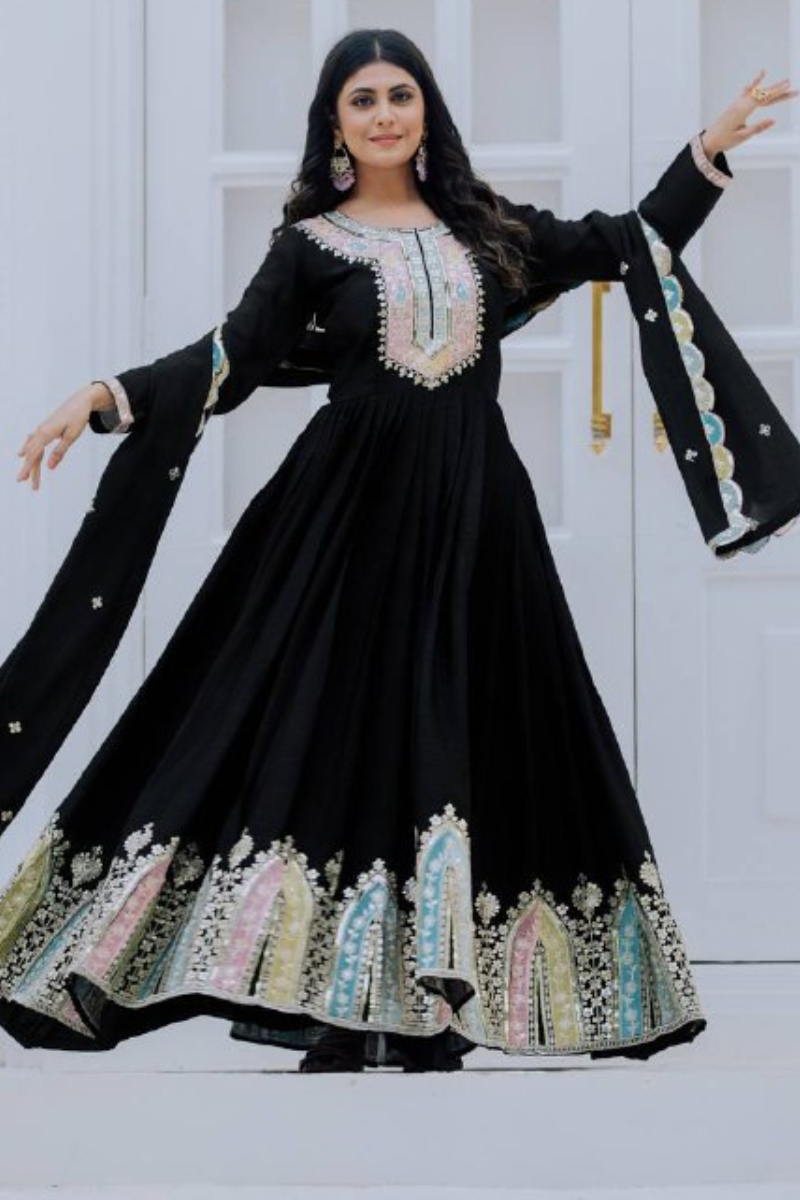 Chinon Silk Work in a Black Heavy Gown