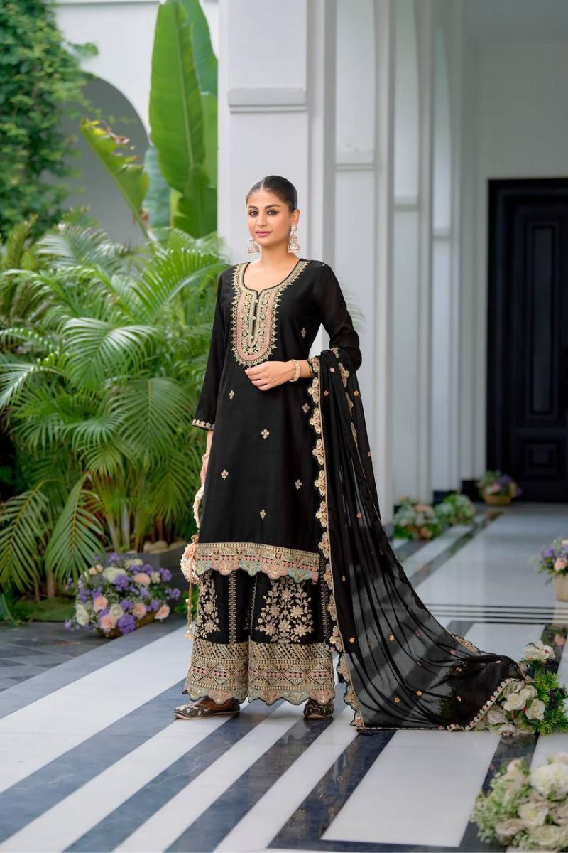 Embroidered Black Heavy Chinon Silk Sharara Dupatta Suit Set
