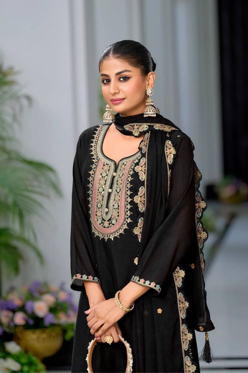 Embroidered Black Heavy Chinon Silk Sharara Dupatta Suit Set