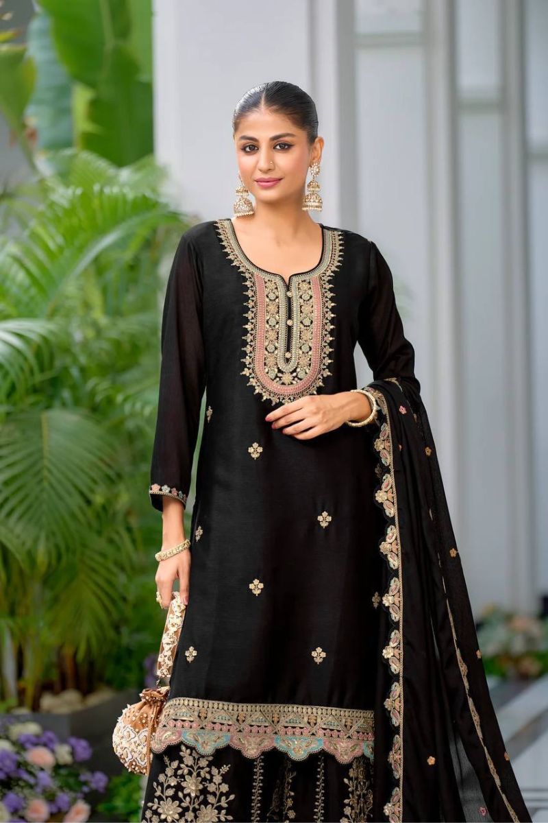 Embroidered Black Heavy Chinon Silk Sharara Dupatta Suit Set