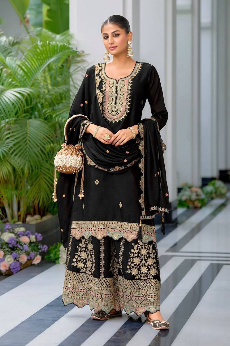 Embroidered Black Heavy Chinon Silk Sharara Dupatta Suit Set